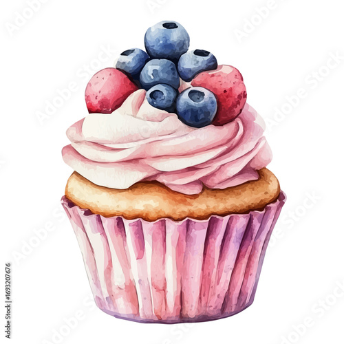 Cupcake, watercolor drawing vector, isolated on a white background.
