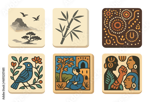 Cultural art flat icon set. featuring nature, bamboo, aboriginal, bird, architecture, conversation designs.