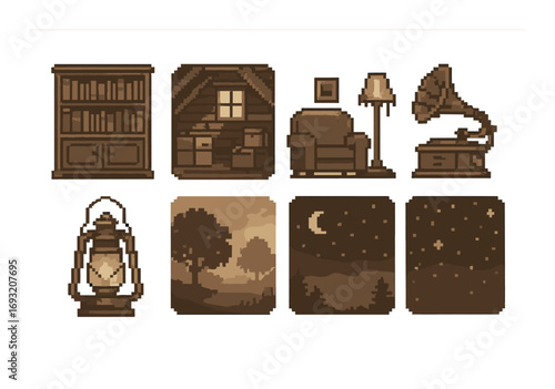 Retro furniture and nature linear icon set. featuring books, cabin, sofa, lamp, gramophone, lantern, trees, night sky, stars..