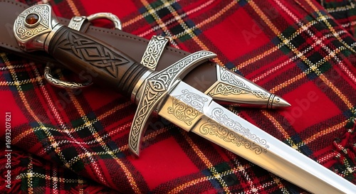 Scottish Dirk Dagger on Red Tartan Fabric.