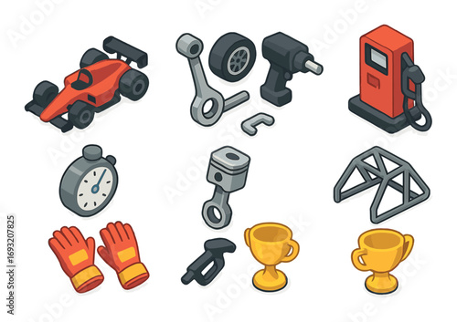 Automobile racing flat icon set. featuring race car, stopwatch, trophy, piston, fuel pump, and gloves.