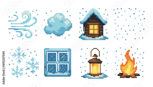 Winter essentials pixel icon set. featuring wind, cloud, cabin, snowflakes, window, lantern, fireplace.