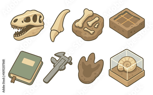 Paleontology flat icon set. featuring dinosaur skull, claw, fossils, excavation grid, book, caliper, footprint, ammonite.