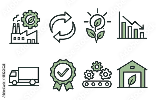 Sustainability linear icon set. featuring factory, recycling, growth, chart, truck, certification, gear, and warehouse.