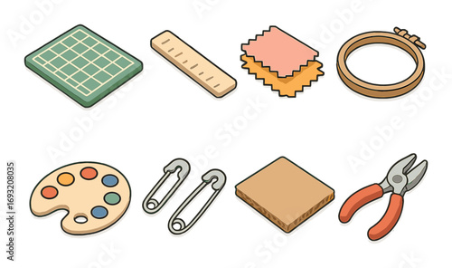 Craft tools silhouette icon set. featuring cutting mat, ruler, fabric, embroidery hoop, palette, safety pin, sponge, pliers.