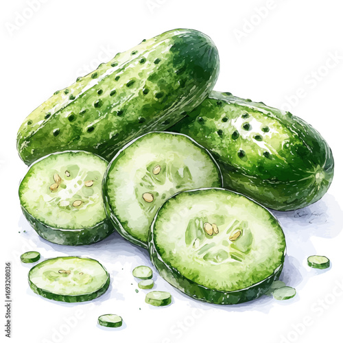 Cucumber, watercolor vector, isolated on a white background.