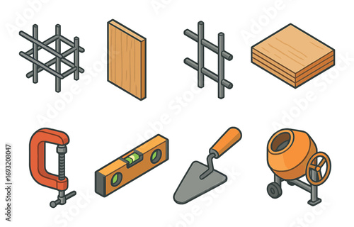 Construction tools flat icon set. featuring rebar, wood, sheets, clamp, level, trowel, and mixer symbols.