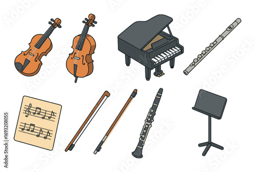 Music instruments flat icon set. featuring violin, cello, grand piano, flute, sheet music, clarinet, and music stand.