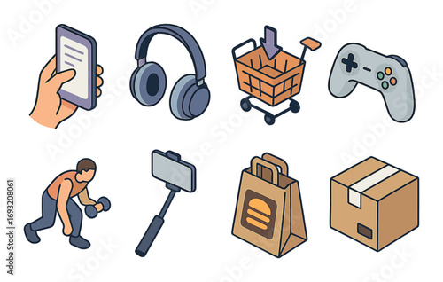 Modern lifestyle flat icons set. smartphone, headphones, shopping cart, game controller, fitness, selfie stick, shopping bag, package.