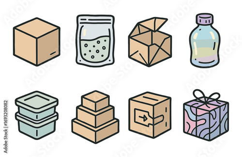 Packaging options flat icon set: cube, bag, box, bottle, containers, parcel, gift designs.
