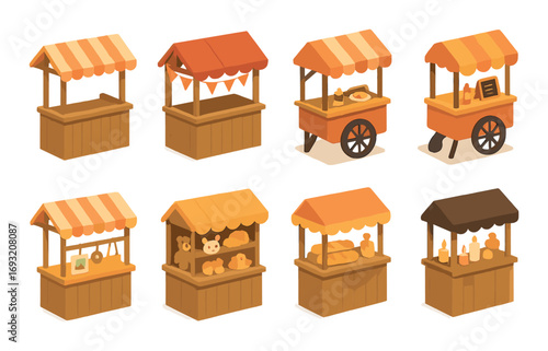 Market stall flat icon set. featuring bread, pottery, clothing, art, fruit, kitchenware, and candles.