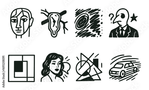 Art movement linear icon set. featuring cubism, surrealism, abstract, dada, bauhaus, futurism, expressionism.