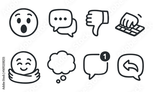 Messaging emotions linear icon set. featuring emoji, chat, thumbs down, typing, hug, thought, notification, reply.