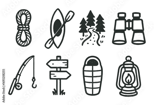 Outdoor adventure silhouette icon set. featuring rope, kayak, trail, binoculars, fishing, signpost, sleeping bag, lantern.