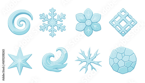 Weather elements silhouette icon set. featuring snowflake, flower, spiral, star, wave, crystal, mosaic, swirl symbols.