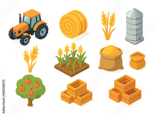 Agriculture flat icon set. featuring tractor, hay bale, wheat, silo, cornfield, grain sack, orchard, crates.