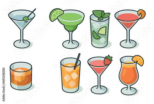 Cocktail drinks flat icon set. featuring martini, margarita, mojito, cosmopolitan, whiskey, and juice symbols.