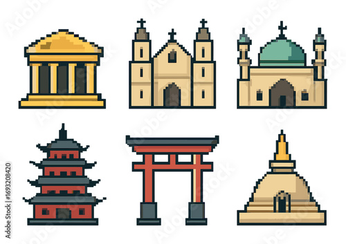 Landmarks pixel art icon set. featuring parthenon, church, mosque, pagoda, torii gate, stupa..