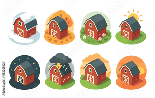 Seasonal barns flat icon set. featuring winter, autumn, spring, summer, day, night, rain, and sun symbols.