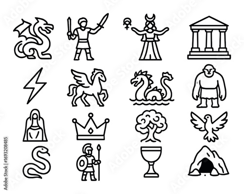 Mythical creatures and heroes linear icons set. featuring dragon, warrior, sorceress, temple, and thunderbolt symbols.