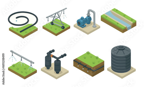 Agriculture equipment isometric icon set. featuring pivot, sprinkler, pump, irrigation, tank, and trench symbols.