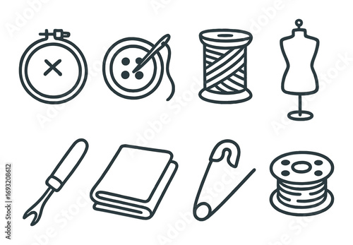 Sewing tools linear icon set. featuring needle, button, thread, mannequin, seam ripper, book, pin, and spool.