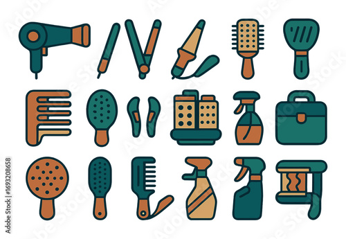 Hair styling and care flat icon set. featuring hairdryer, comb, brush, straightener, spray bottle, curling iron.