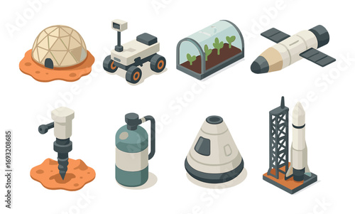 Space exploration isometric icon set. featuring rover, rocket, greenhouse, launch pad, and capsule symbols.