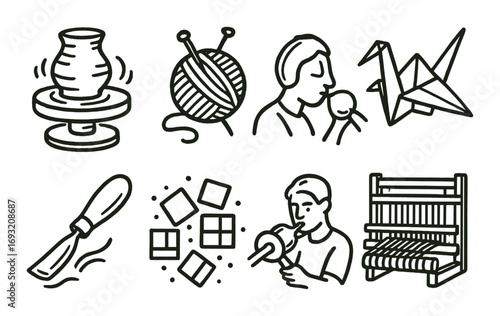 Craft hobbies linear icons set. featuring pottery, knitting, quilting, origami, sculpting, spinning, weaving..