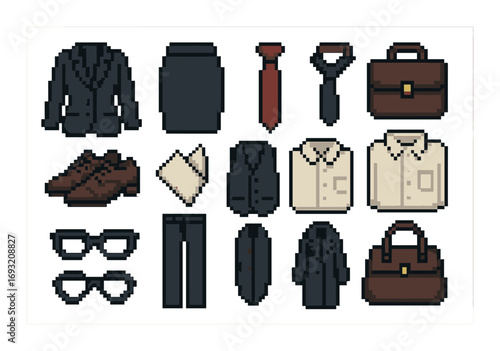Business attire pixel icon set. featuring suit, tie, briefcase, shirt, and shoes symbols.