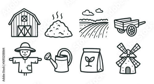 Farm and agriculture linear icons set. featuring barn, haystack, field, cart, scarecrow, watering can, seed bag, windmill.