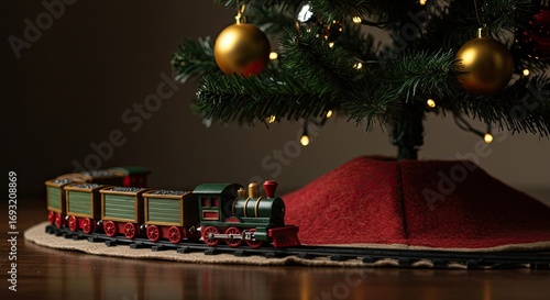 Festive Green Toy Train Under Sparkling Christmas Tree with Red Skirt