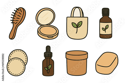 Organic beauty flat icon set. featuring hairbrush, blush, tote bag, facial oil, pads, serum, cream jar, soap.