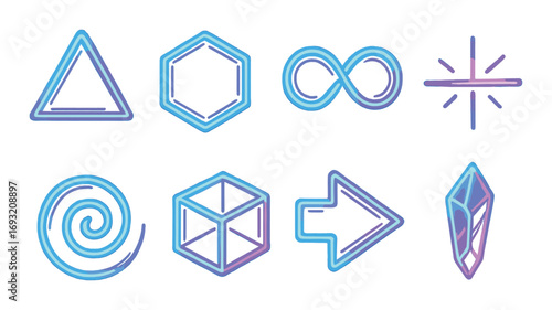 Neon silhouette icon set. featuring triangle, hexagon, infinity, starburst, swirl, cube, arrow, crystal symbols.