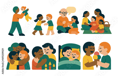 Family activities flat icon set. featuring playing, hugging, reading, eating, sleeping, and crafting symbols.