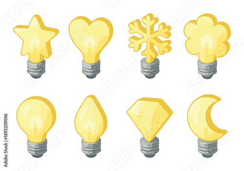 Creative light bulbs silhouette icon set. featuring star, heart, snowflake, clover, circle, drop, diamond, moon.