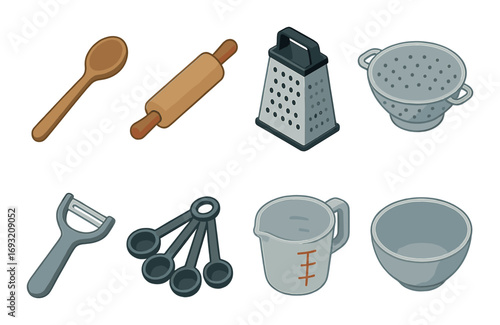 Cooking utensils flat icon set. featuring spoon, rolling pin, grater, colander, peeler, measuring spoons, jug, bowl.