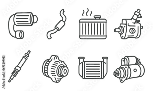 Automotive parts linear icon set. featuring air filter, muffler, radiator, pump, spark plug, alternator, intercooler, starter.