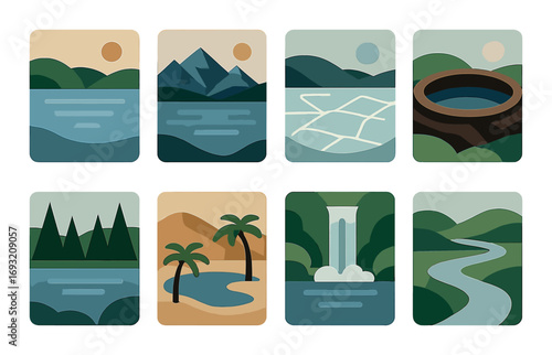 Nature flat icon set. featuring mountain, river, lake, forest, desert, waterfall, trail, and island symbols.