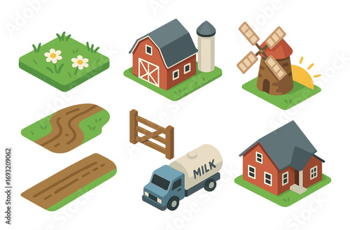 Farm life isometric icon set. featuring farmhouse, windmill, barn, milk truck, field path, fence, flower garden.