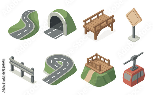Outdoor activities isometric icon set. featuring road, tunnel, bridge, sign, guardrail, gondola symbols.