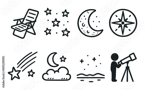 Astronomy linear icon set. featuring telescope, moon, star, constellation, compass, cloud, and trajectory symbols.