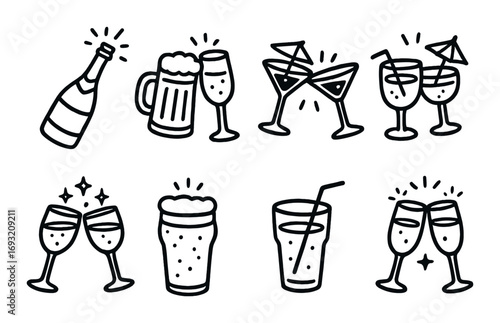 Party drinks linear icon set. featuring champagne, beer, cocktail, and wine glass symbols.