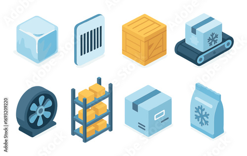 Logistics and supply chain isometric icon set. featuring ice cube, barcode, crate, conveyor, fan, shelf, box, and frozen bag.