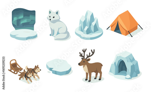 Arctic adventure flat icons set. featuring tent, igloo, snowcap, sled, husky, arctic fox, reindeer.