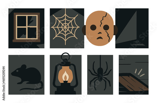 Haunted house silhouette icon set. featuring window, web, mask, wall, mouse, lantern, spider, trapdoor.