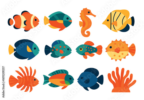 Marine life flat icon set. featuring clownfish, angelfish, seahorse, pufferfish, coral, and various fish.