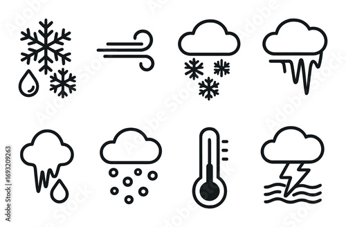 Weather symbols silhouette icon set. featuring snow, wind, cloudy, rain, snowflake, storm, thermometer symbols.