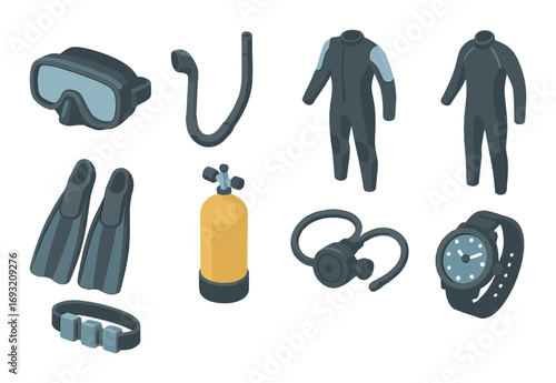 Diving equipment flat icon set. featuring mask, snorkel, wetsuit, fins, tank, regulator, and watch.
