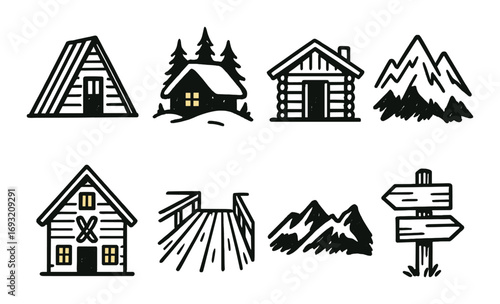 Outdoor adventure silhouette icon set. featuring cabin, forest, mountain, trail, campsite, and signpost icons.